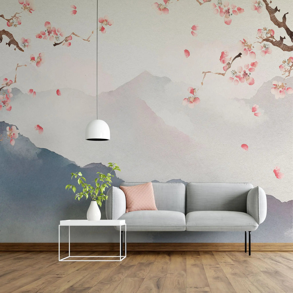 Tapet personalizat zen oriental cu peisaj montan si crengi de cires inflorit mountain cherry tree
