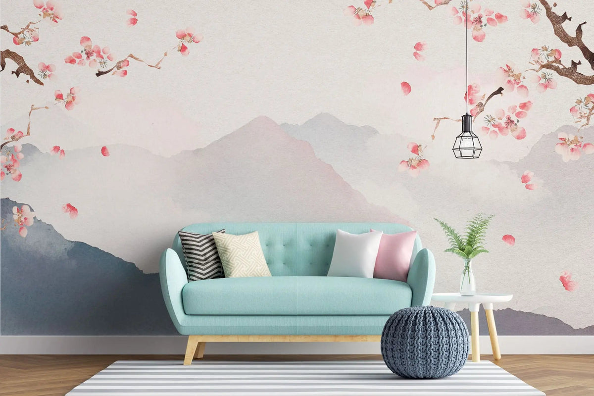 Tapet personalizat zen oriental cu peisaj montan si crengi de cires inflorit mountain cherry tree