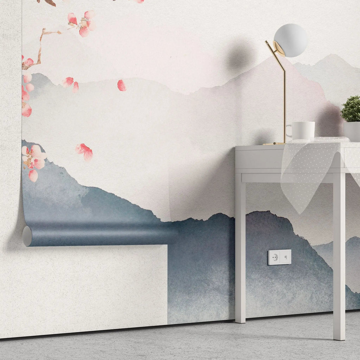 Tapet personalizat zen oriental cu peisaj montan si crengi de cires inflorit mountain cherry tree
