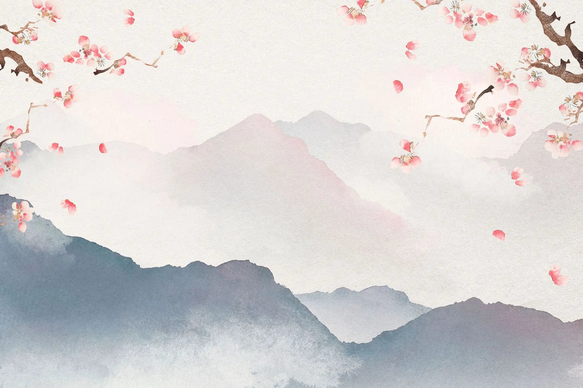 Tapet personalizat zen oriental cu peisaj montan si crengi de cires inflorit mountain cherry tree