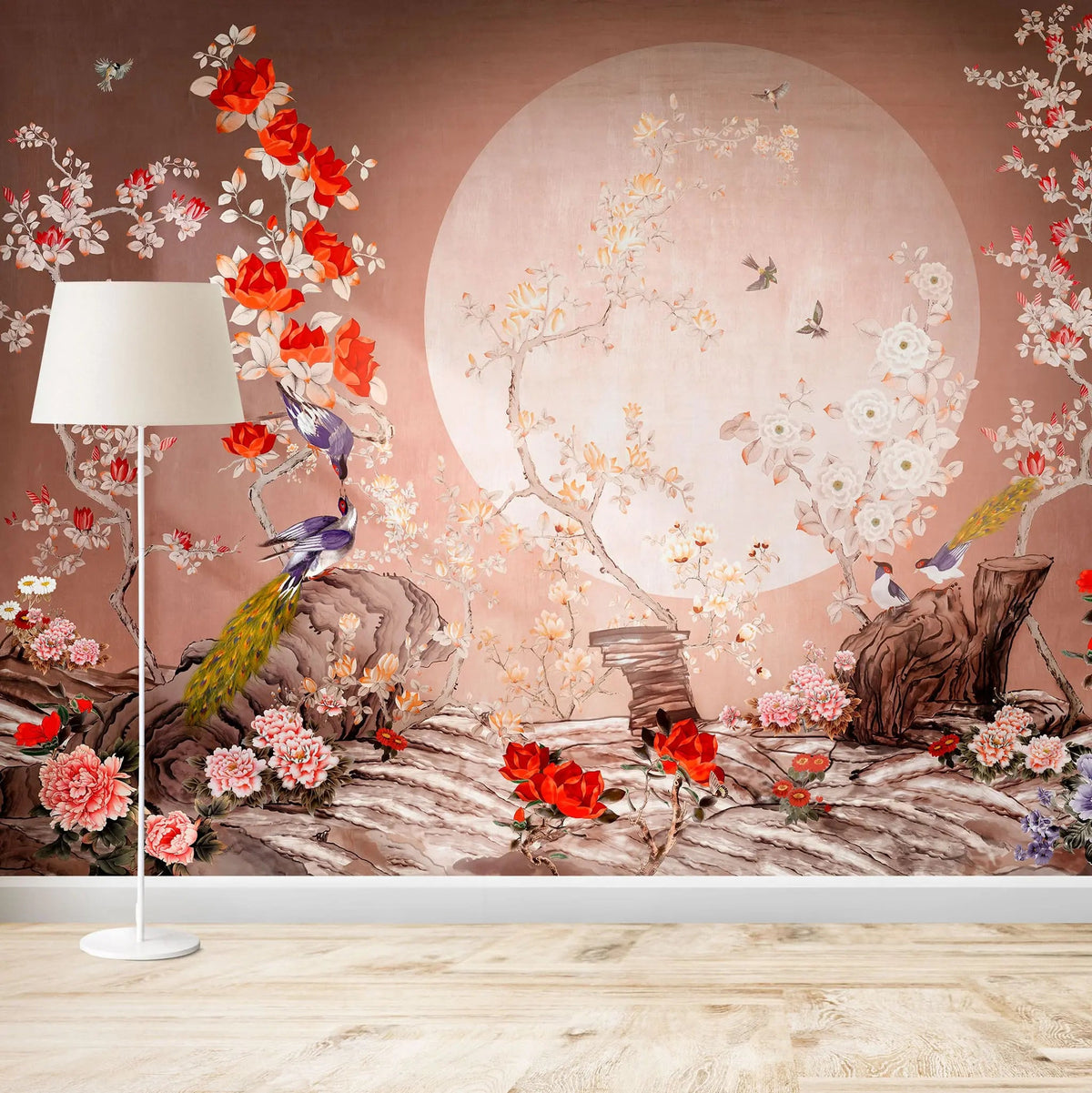 Tapet personalizat zen oriental cu pasari orientale si flori rosii lover birds
