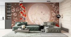 Tapet personalizat zen oriental cu pasari orientale si flori rosii lover birds