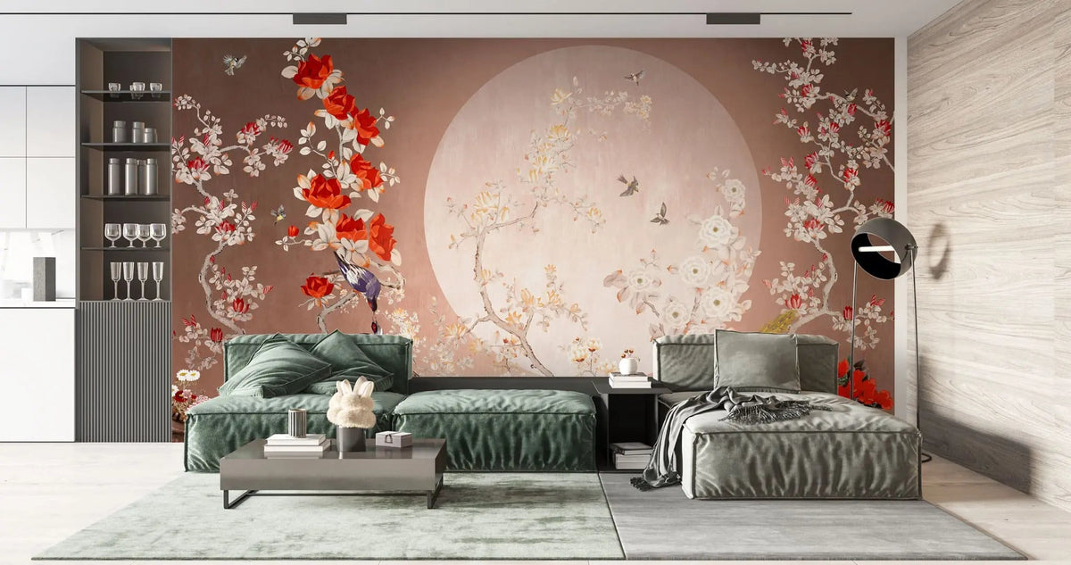 Tapet personalizat zen oriental cu pasari orientale si flori rosii lover birds