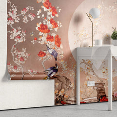Tapet personalizat zen oriental cu pasari orientale si flori rosii lover birds