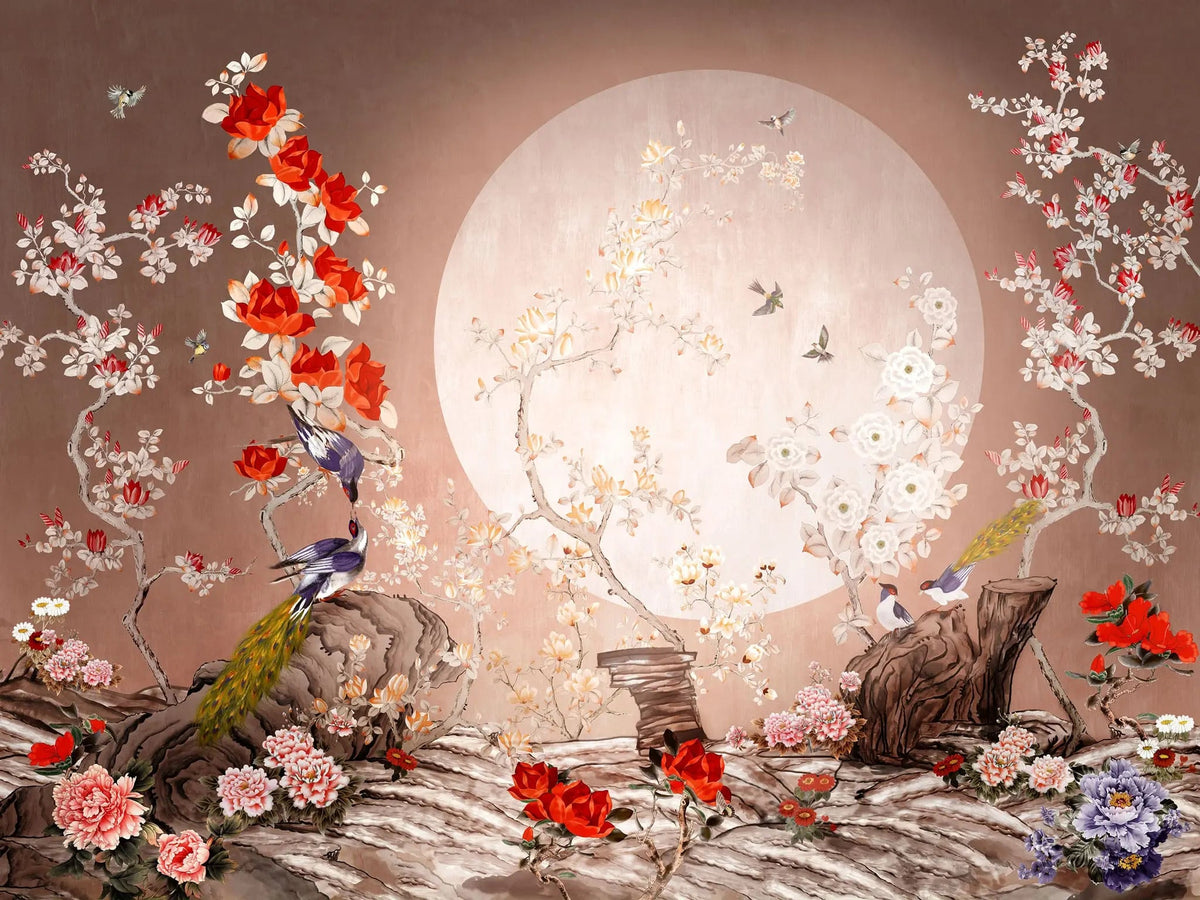 Tapet personalizat zen oriental cu pasari orientale si flori rosii lover birds