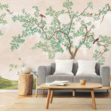 Tapet personalizat zen oriental cu copac verde si pasari orientale green tea