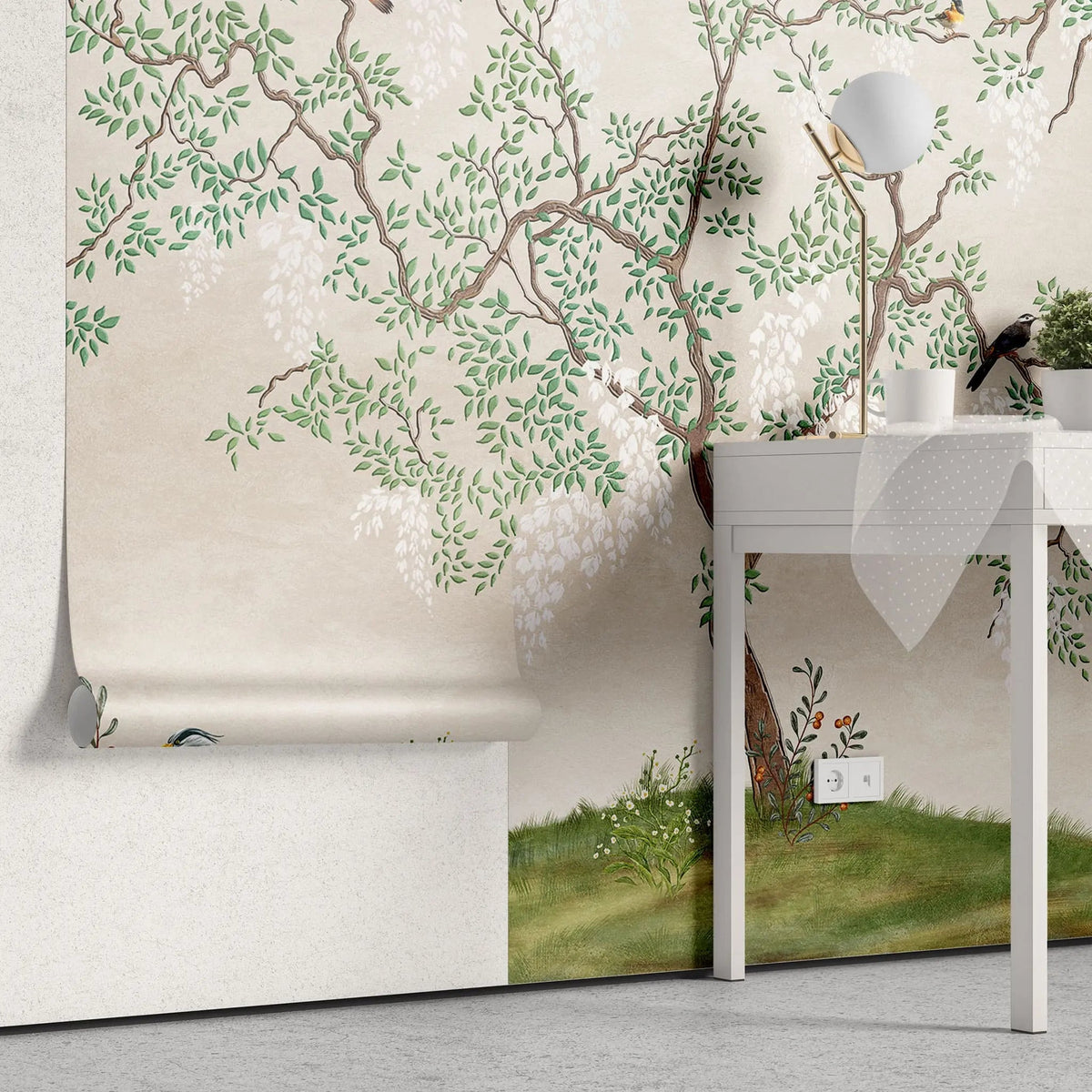Tapet personalizat zen oriental cu copac verde si pasari orientale green tea