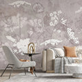 Tapet personalizat zen oriental cu flori albe pe un fundal bej inxhis serenity dark