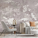 Tapet personalizat zen oriental cu flori albe pe un fundal bej inxhis serenity dark