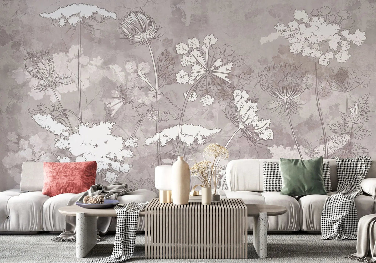 Tapet personalizat zen oriental cu flori albe pe un fundal bej inxhis serenity dark