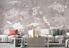 Tapet personalizat zen oriental cu flori albe pe un fundal bej inxhis serenity dark