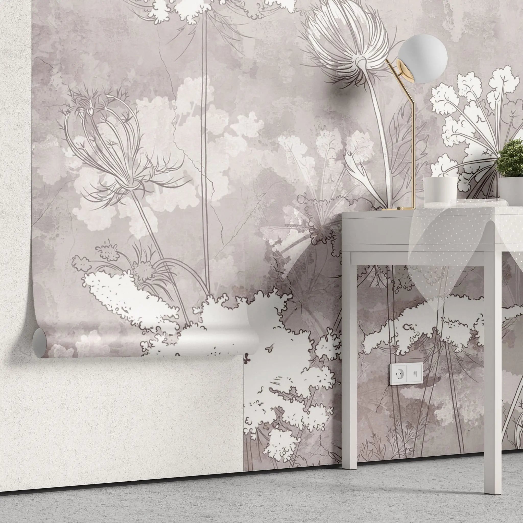 Tapet personalizat zen oriental cu flori albe pe un fundal bej inxhis serenity dark