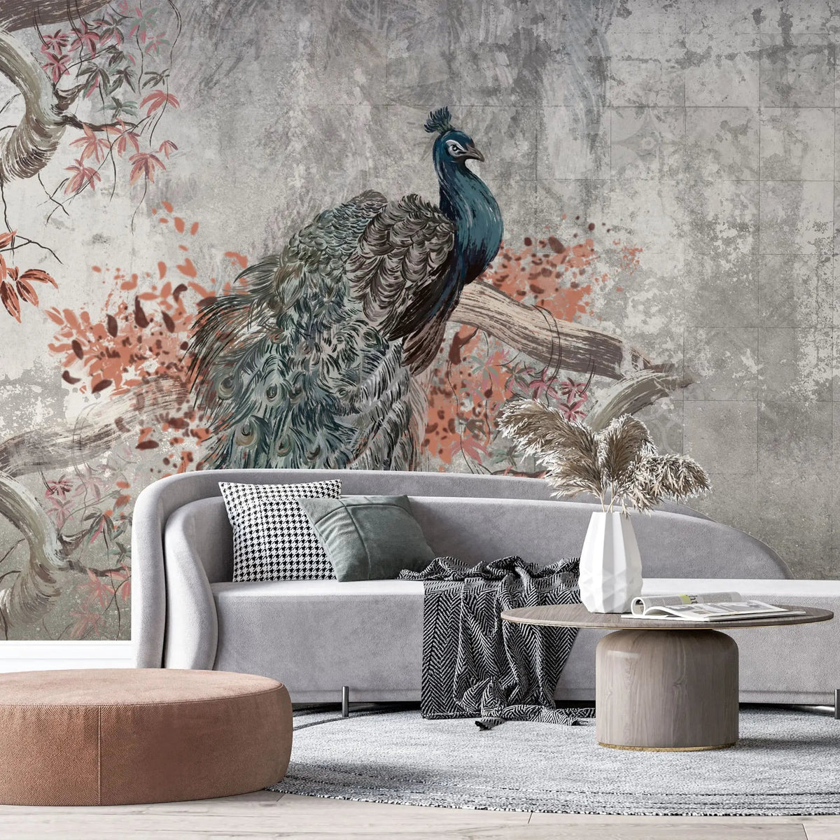 Tapet personalizat zen oriental cu paun intr un copac inflorit pe un fundal gri majestique peacock