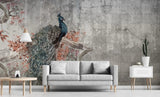Tapet personalizat zen oriental cu paun intr un copac inflorit pe un fundal gri majestique peacock