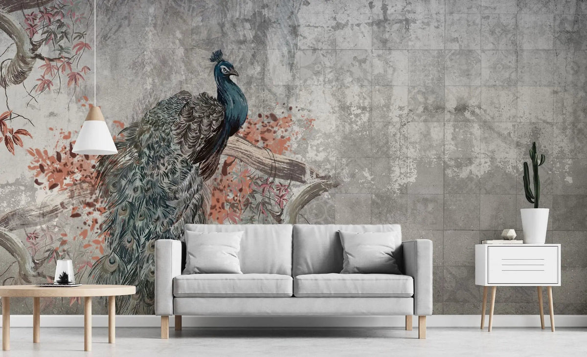 Tapet personalizat zen oriental cu paun intr un copac inflorit pe un fundal gri majestique peacock