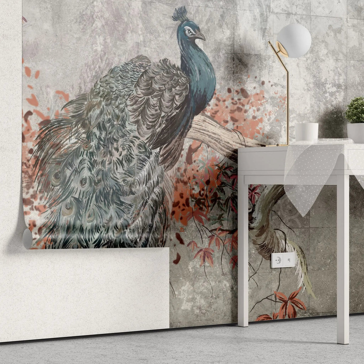 Tapet personalizat zen oriental cu paun intr un copac inflorit pe un fundal gri majestique peacock
