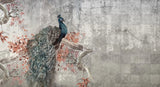 Tapet personalizat zen oriental cu paun intr un copac inflorit pe un fundal gri majestique peacock