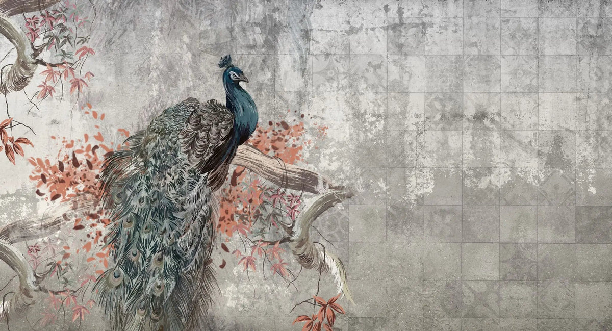Tapet personalizat zen oriental cu paun intr un copac inflorit pe un fundal gri majestique peacock