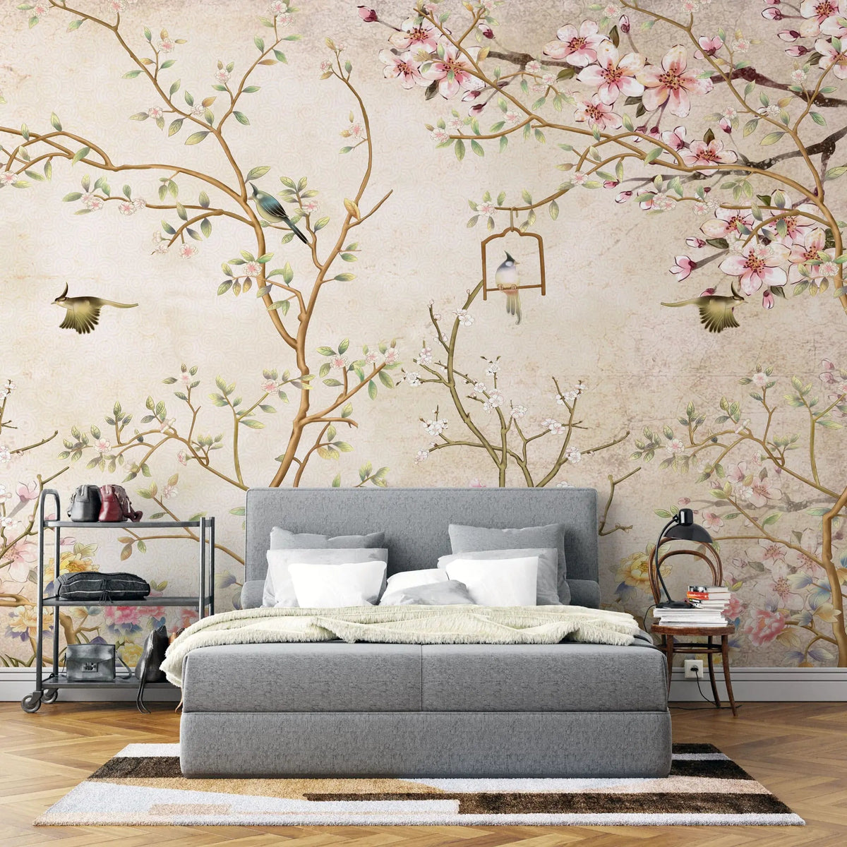 Tapet personalizat zen oriental in stil chinoiserie cu copaci infloriti si pasari orientale birdy chinoiserie