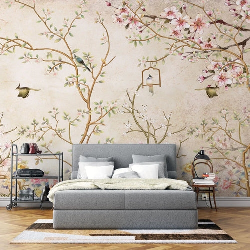 Tapet personalizat zen oriental in stil chinoiserie cu copaci infloriti si pasari orientale birdy chinoiserie