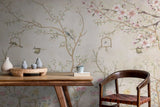 Tapet personalizat zen oriental in stil chinoiserie cu copaci infloriti si pasari orientale birdy chinoiserie