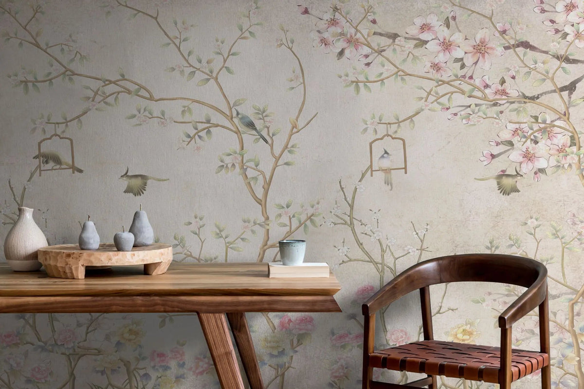 Tapet personalizat zen oriental in stil chinoiserie cu copaci infloriti si pasari orientale birdy chinoiserie
