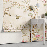 Tapet personalizat zen oriental in stil chinoiserie cu copaci infloriti si pasari orientale birdy chinoiserie