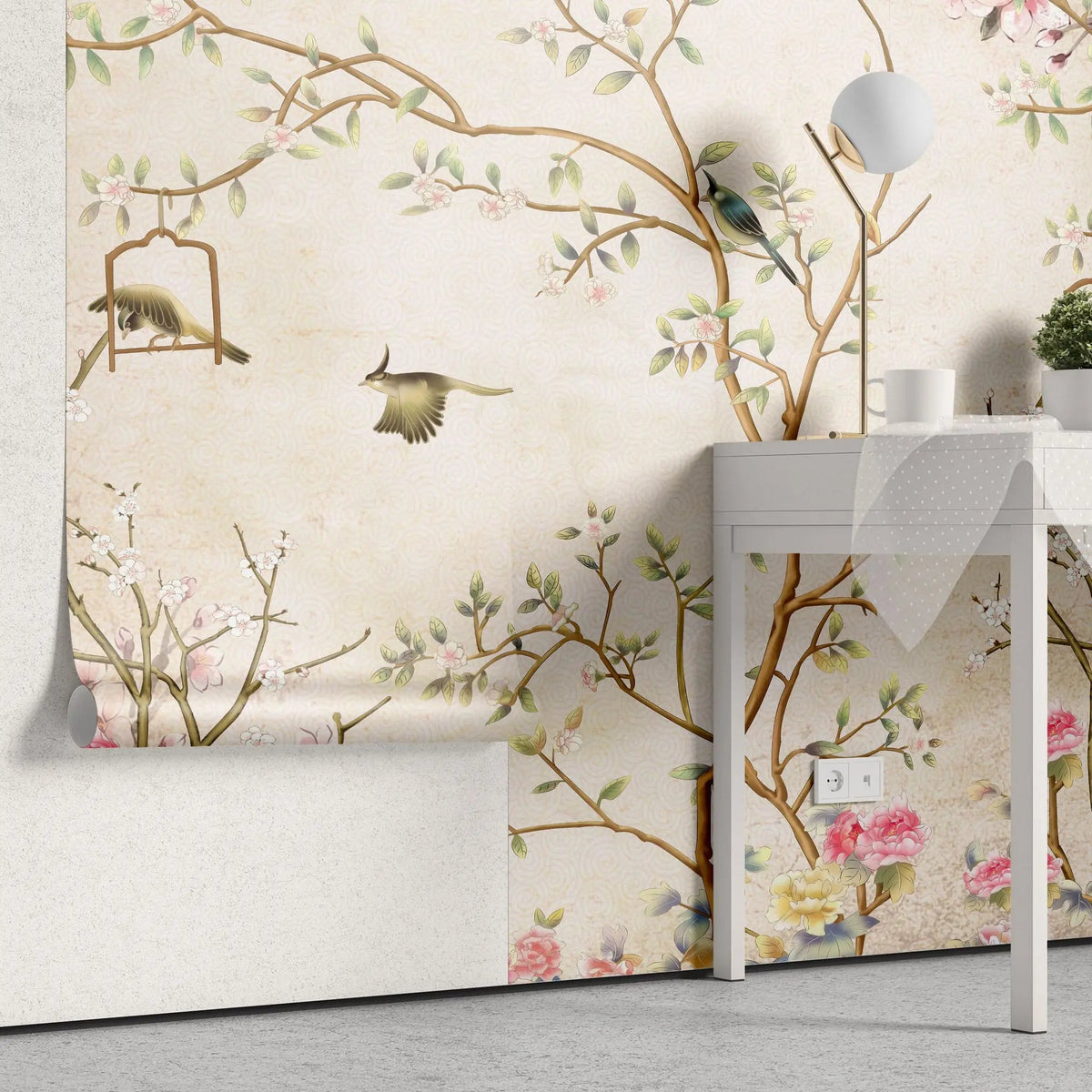 Tapet personalizat zen oriental in stil chinoiserie cu copaci infloriti si pasari orientale birdy chinoiserie