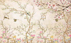 Tapet personalizat zen oriental in stil chinoiserie cu copaci infloriti si pasari orientale birdy chinoiserie