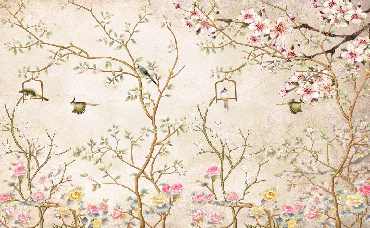 Tapet personalizat zen oriental in stil chinoiserie cu copaci infloriti si pasari orientale birdy chinoiserie
