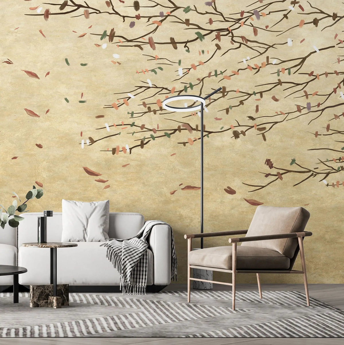 Tapet personalizat zen oriental cu frunze pictate purtate de vant  acrylic leaves