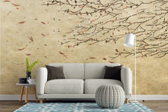 Tapet personalizat zen oriental cu frunze pictate purtate de vant  acrylic leaves