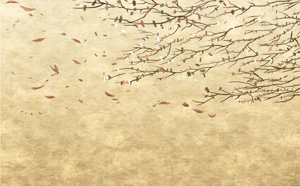 Tapet personalizat zen oriental cu frunze pictate purtate de vant  acrylic leaves