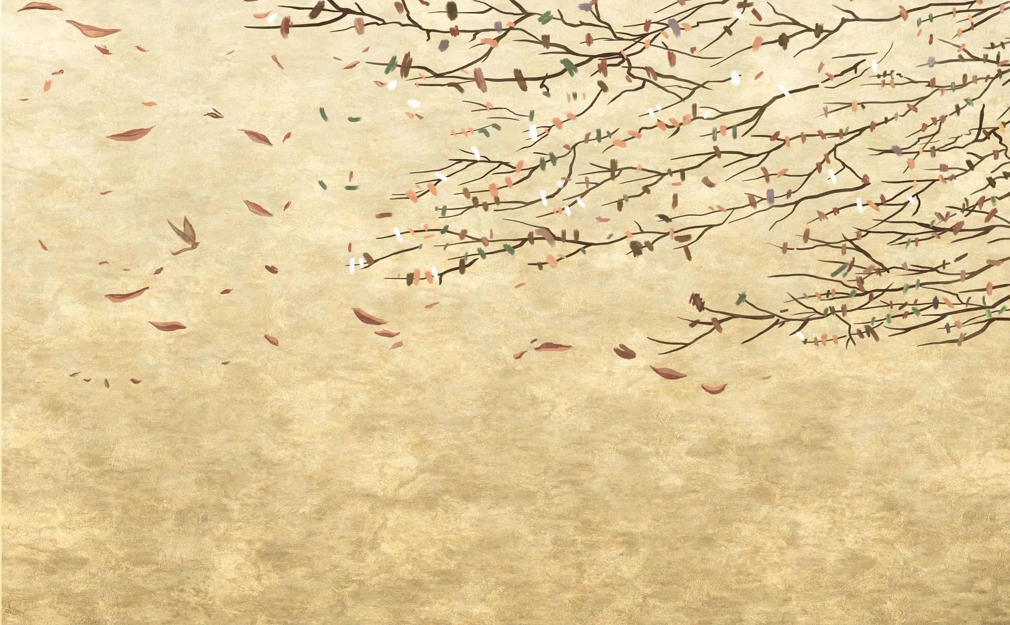 Tapet personalizat zen oriental cu frunze pictate purtate de vant  acrylic leaves