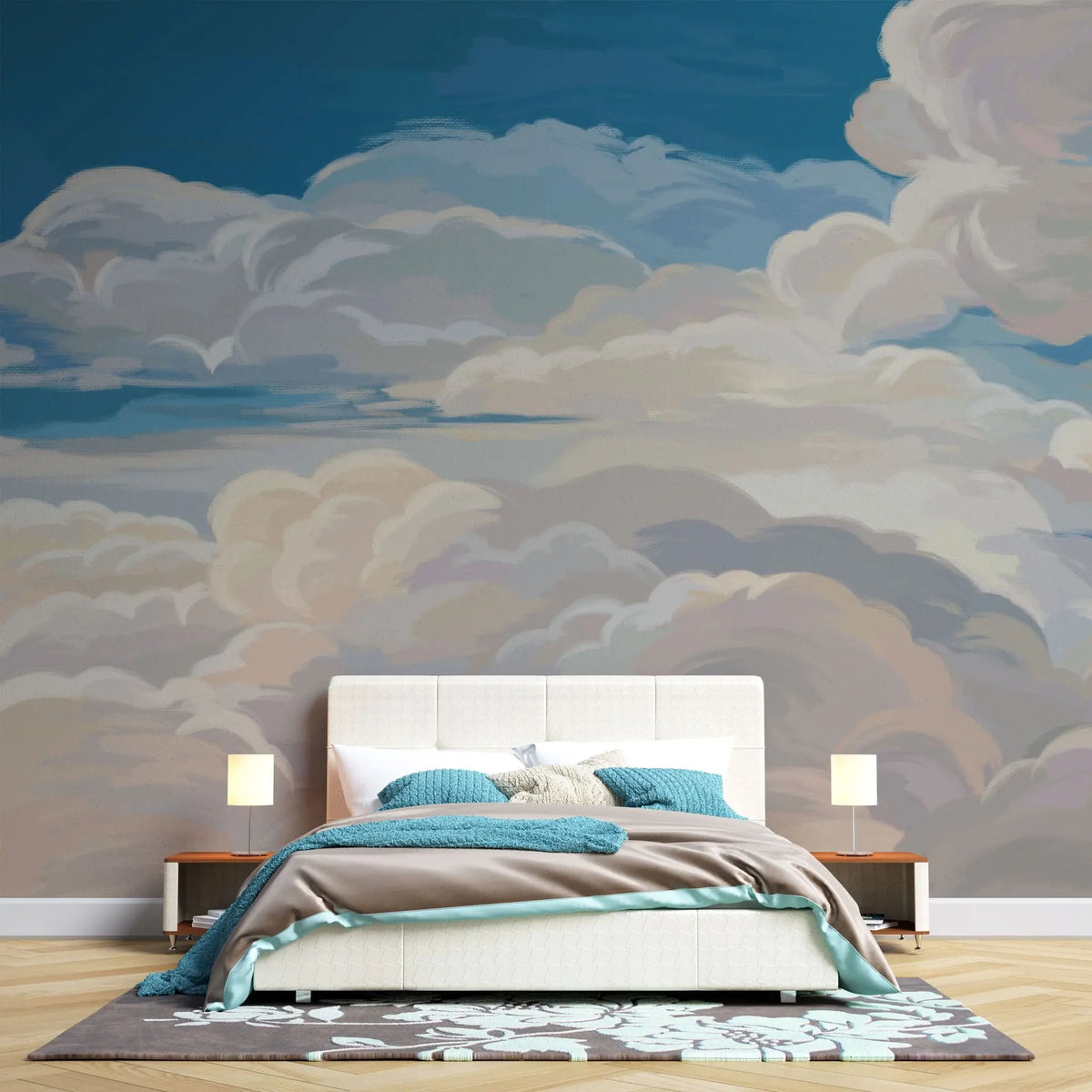 Tapet personalizat zen oriental cu nori albi pictati pe cerul albastru painted clouds