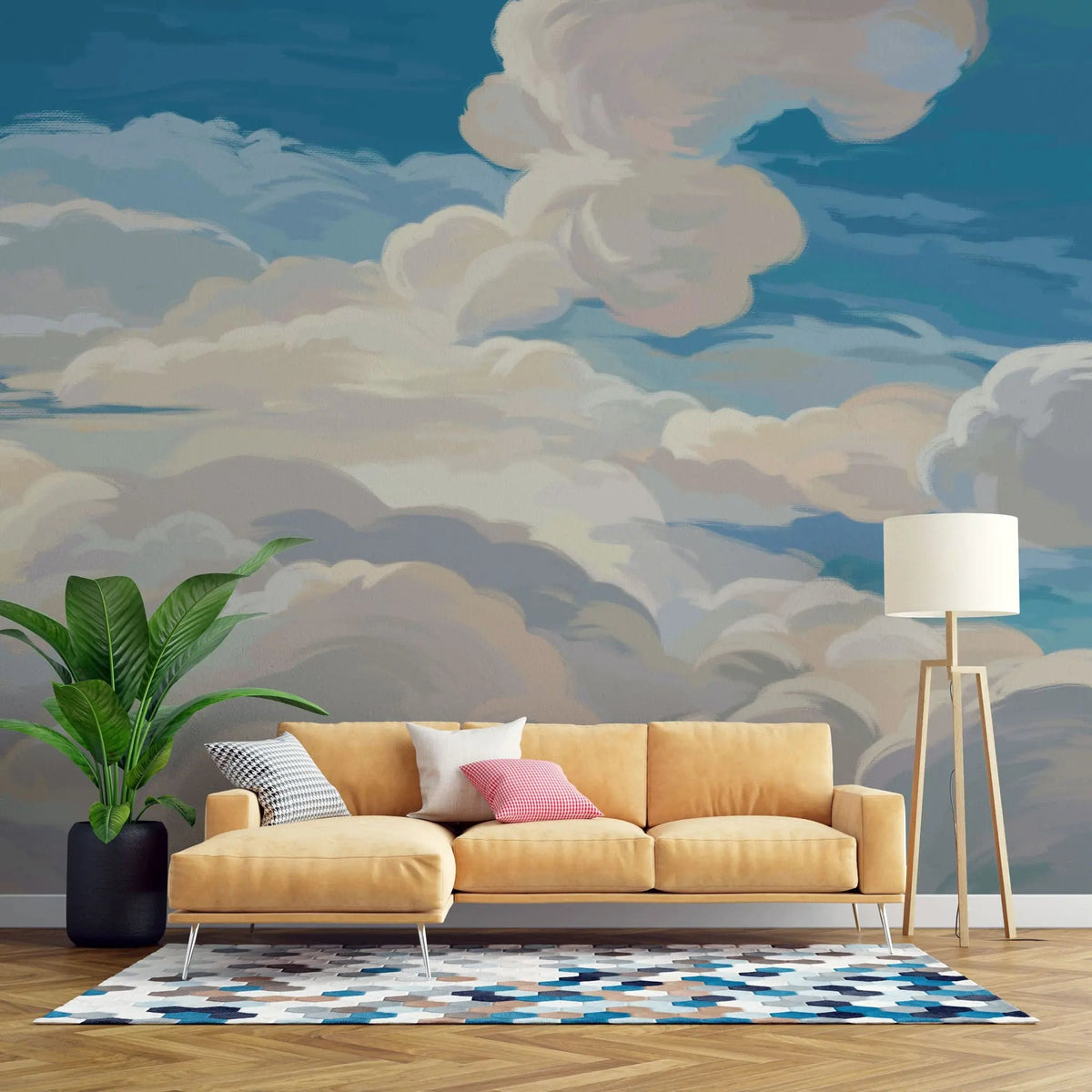Tapet personalizat zen oriental cu nori albi pictati pe cerul albastru painted clouds