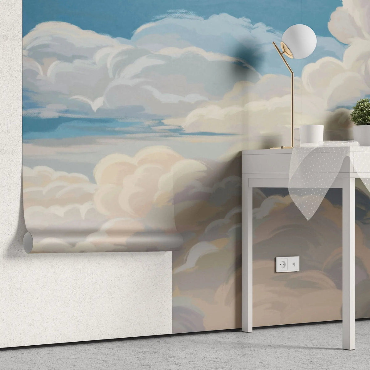 Tapet personalizat zen oriental cu nori albi pictati pe cerul albastru painted clouds