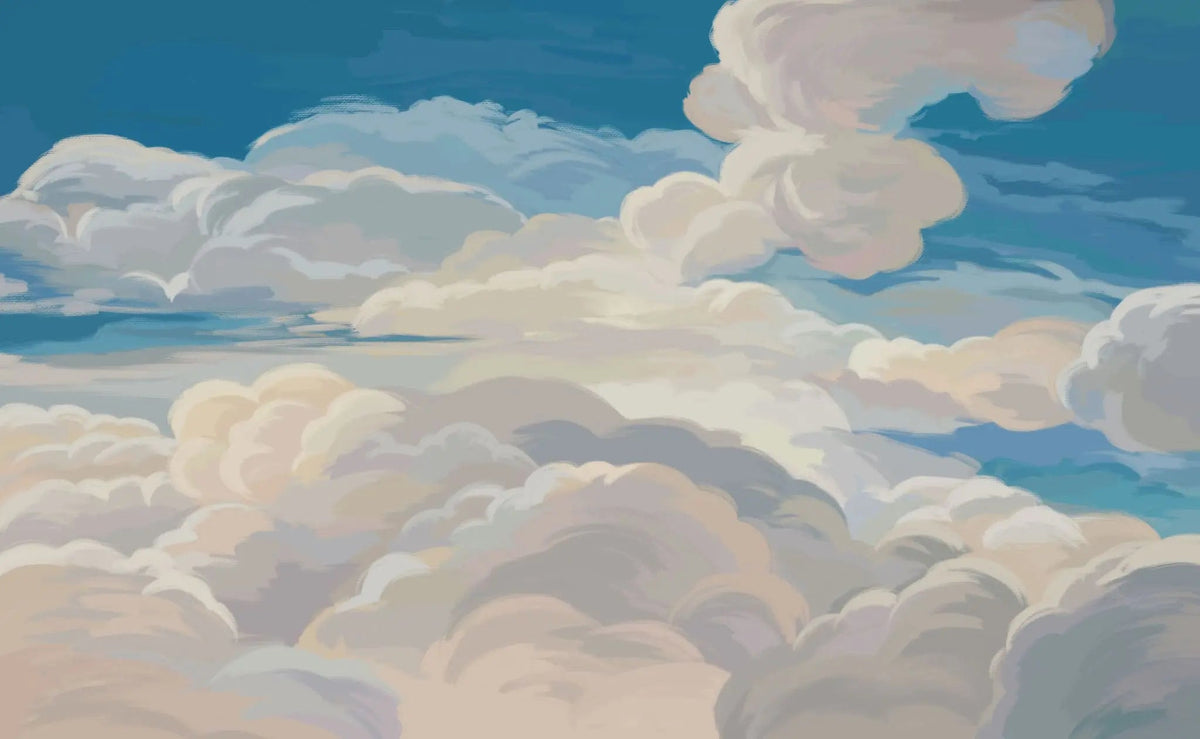 Tapet personalizat zen oriental cu nori albi pictati pe cerul albastru painted clouds
