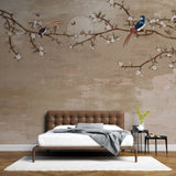 Tapet personalizat zen oriental cu crengi de cires inflorit si pasari colorate the cherry's song