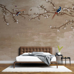 Tapet personalizat zen oriental cu crengi de cires inflorit si pasari colorate the cherry's song