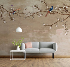 Tapet personalizat zen oriental cu crengi de cires inflorit si pasari colorate the cherry's song