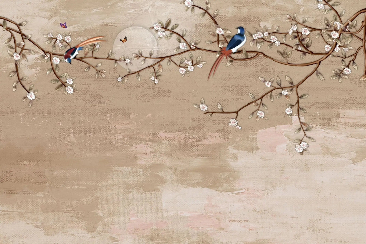 Tapet personalizat zen oriental cu crengi de cires inflorit si pasari colorate the cherry's song