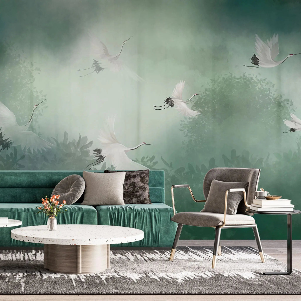 Tapet personalizat zen oriental cu peisaj in ceata verde cu cocori foggy green cranes