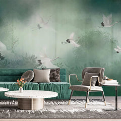 Tapet personalizat zen oriental cu peisaj in ceata verde cu cocori foggy green cranes