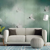 Tapet personalizat zen oriental cu peisaj in ceata verde cu cocori foggy green cranes