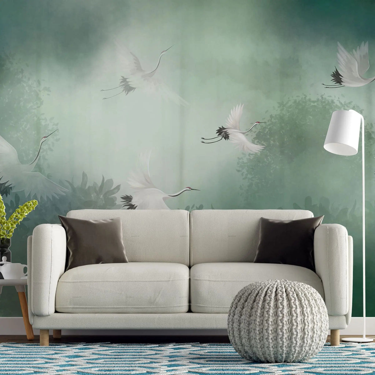 Tapet personalizat zen oriental cu peisaj in ceata verde cu cocori foggy green cranes