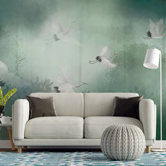 Tapet personalizat zen oriental cu peisaj in ceata verde cu cocori foggy green cranes