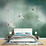 Tapet personalizat zen oriental cu peisaj in ceata verde cu cocori foggy green cranes