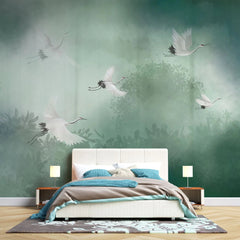Tapet personalizat zen oriental cu peisaj in ceata verde cu cocori foggy green cranes