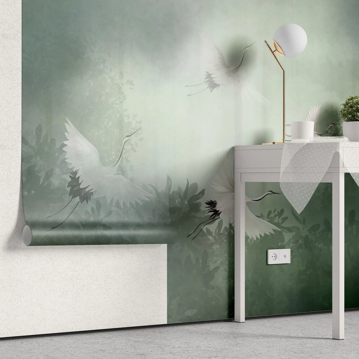 Tapet personalizat zen oriental cu peisaj in ceata verde cu cocori foggy green cranes